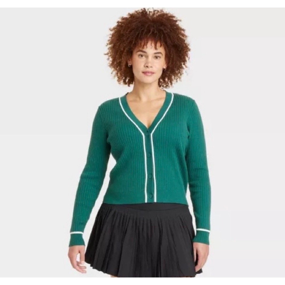 All In Motion Green Ribbed V-Neck Cardigan White Tipping XXL Tenniscore Sweater